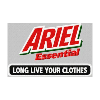 Ariel Essential logo embroidery design showcased on a cosmetic bag, featuring intricate stitching details.