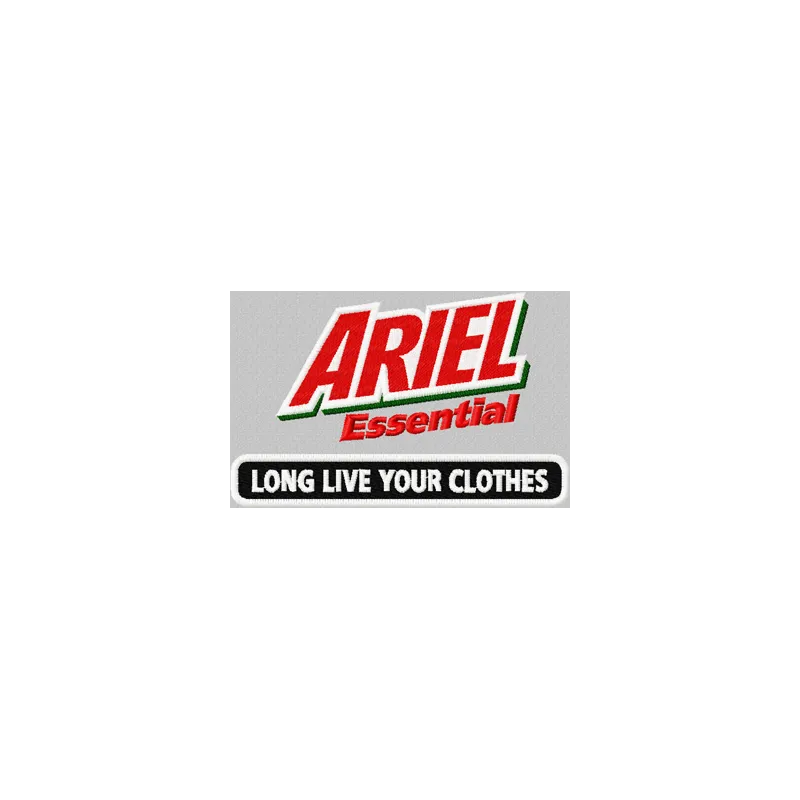 Ariel Essential logo embroidery design showcased on a cosmetic bag, featuring intricate stitching details.