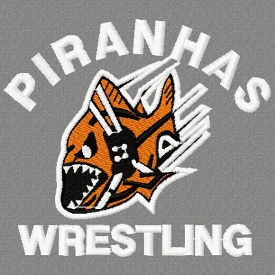 Piranhas Wrestling logo embroidery design featuring vibrant colors and dynamic motifs for stitching on apparel.