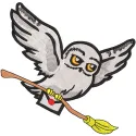 Embroidery design preview of an owl mail animal inspired by Harry Potter, showcasing detailed stitching.