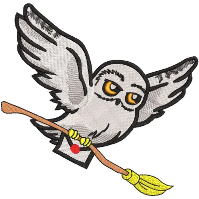 Embroidery design preview of an owl mail animal inspired by Harry Potter, showcasing detailed stitching.