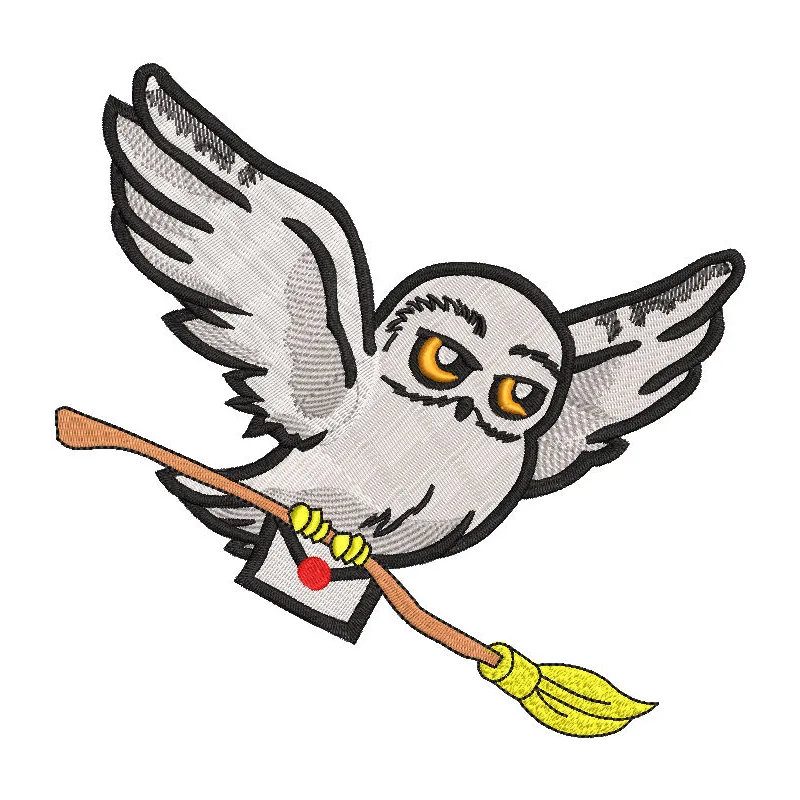 Embroidery design preview of an owl mail animal inspired by Harry Potter, showcasing detailed stitching.