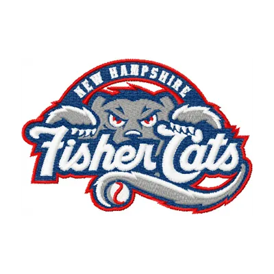 New Hampshire Fisher Cats logo embroidery design showcased on a baseball cap, perfect for sports fans and crafters.