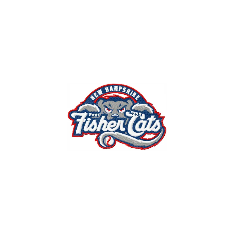 New Hampshire Fisher Cats logo embroidery design showcased on a baseball cap, perfect for sports fans and crafters.