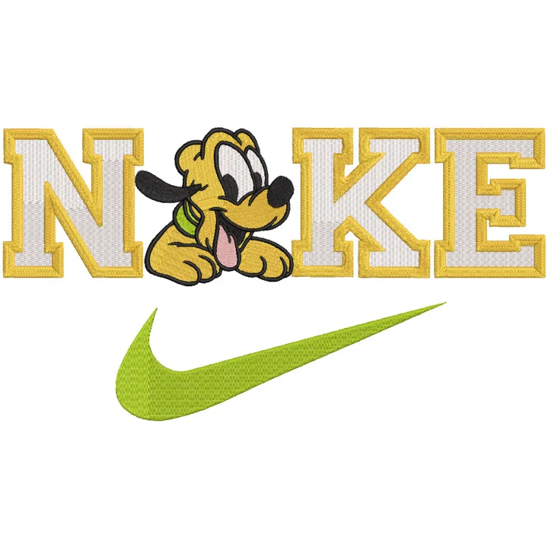 Embroidery design preview of the Nike Pluto logo showcasing detailed stitching and vibrant colors.