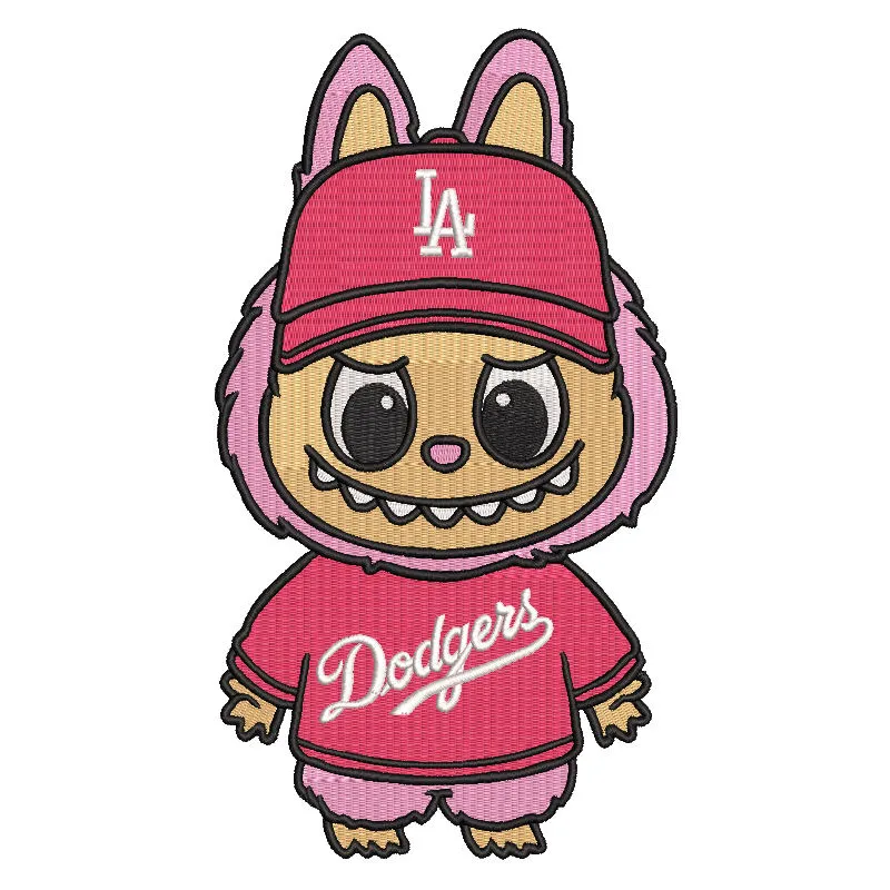 Preview of Labubu Dodgers embroidery design featuring vibrant colors and detailed stitching for machine embroidery.