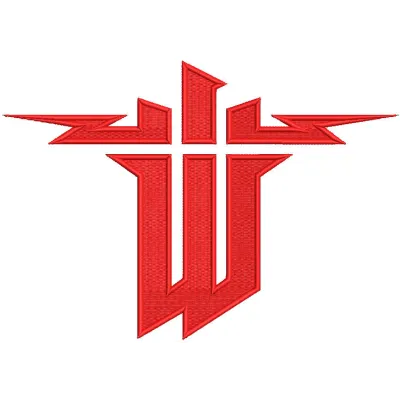 Embroidery design preview of the Wolfenstein logo featuring bold lines and detailed stitching.