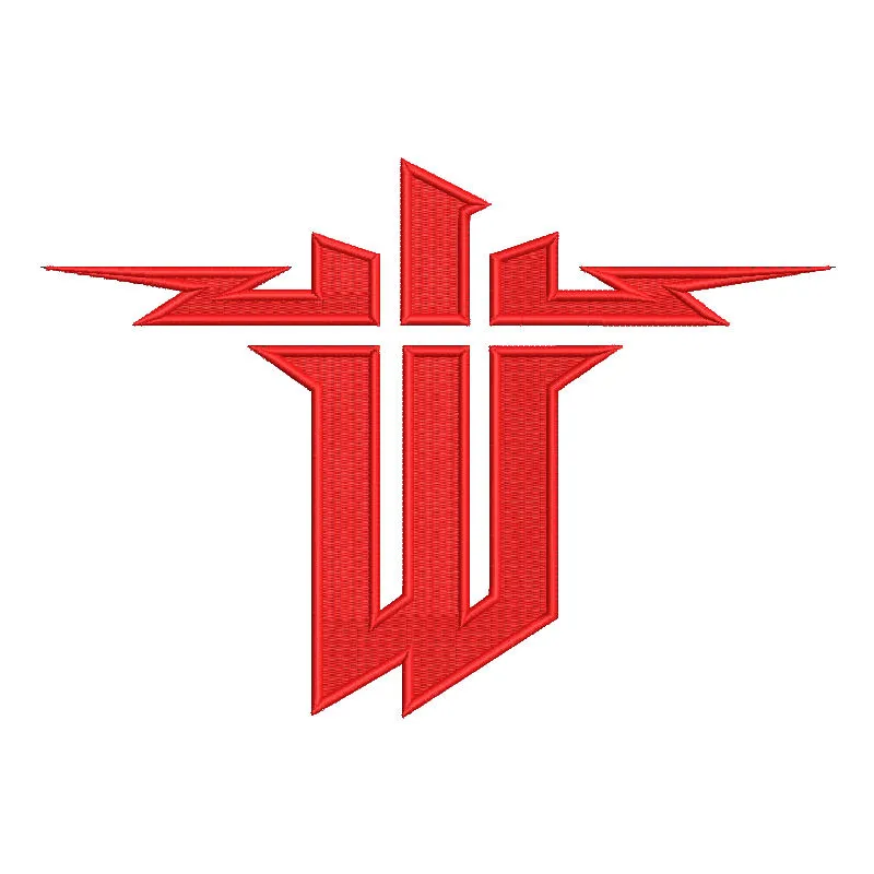 Embroidery design preview of the Wolfenstein logo featuring bold lines and detailed stitching.