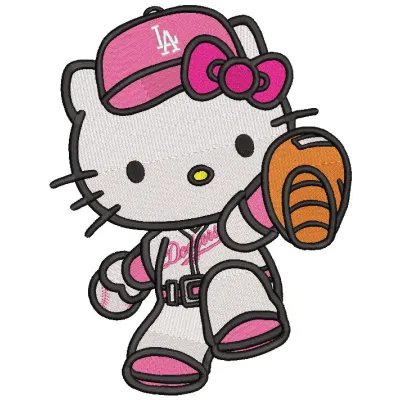 Embroidery design preview of Hello Kitty Dodgers featuring vibrant colors and detailed stitching for fans.