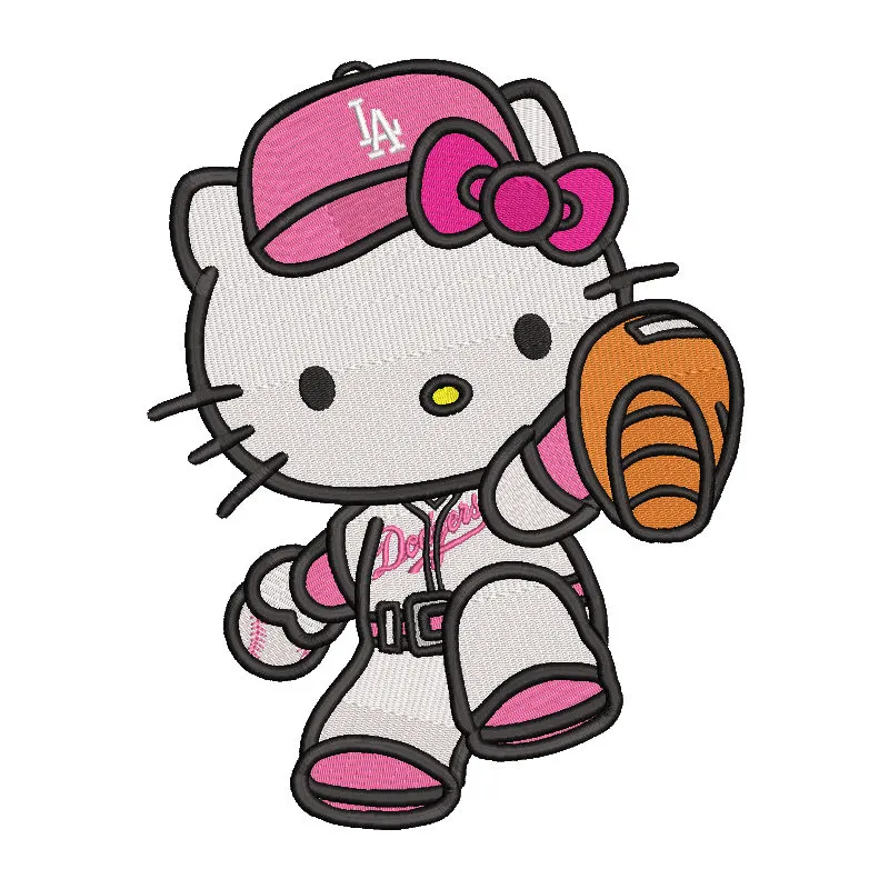 Embroidery design preview of Hello Kitty Dodgers featuring vibrant colors and detailed stitching for fans.