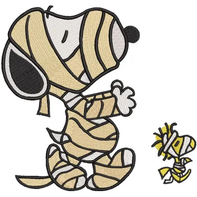 Snoopy Mummy embroidery design preview featuring detailed stitching and vibrant colors on a crewneck.