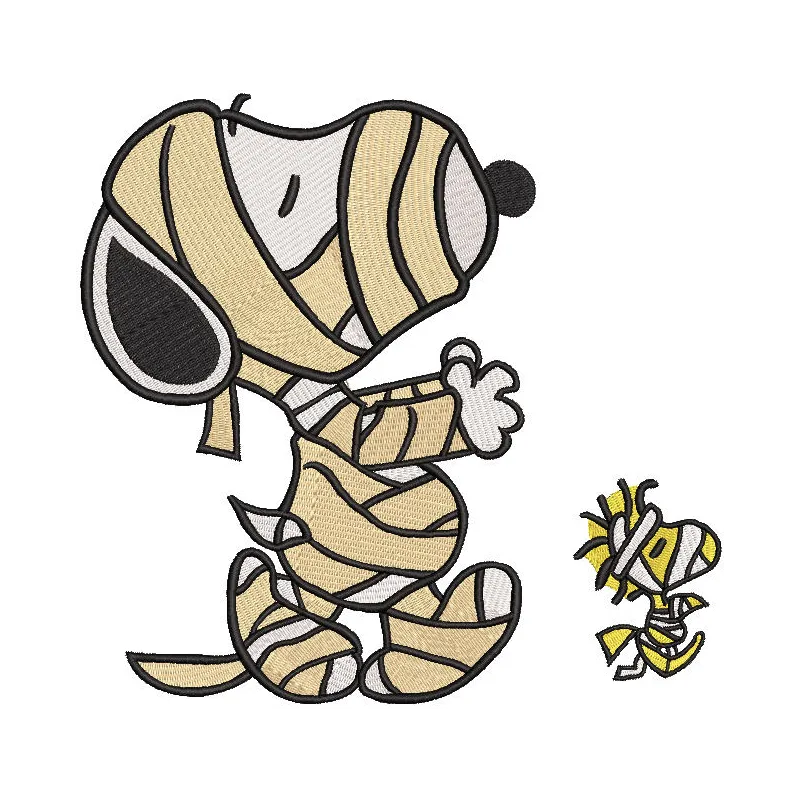 Snoopy Mummy embroidery design preview featuring detailed stitching and vibrant colors on a crewneck.