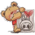 Embroidery design preview of a cute teddy bear love labubu pattern, showcasing vibrant colors and detailed stitching.