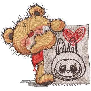 Teddy bear love labubu embroidery design - Embroidery Design