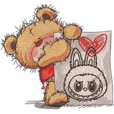 Embroidery design preview of a cute teddy bear love labubu pattern, showcasing vibrant colors and detailed stitching.