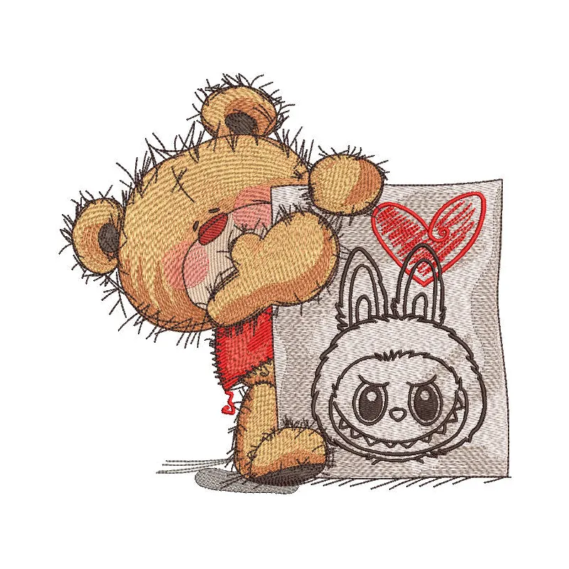 Embroidery design preview of a cute teddy bear love labubu pattern, showcasing vibrant colors and detailed stitching.