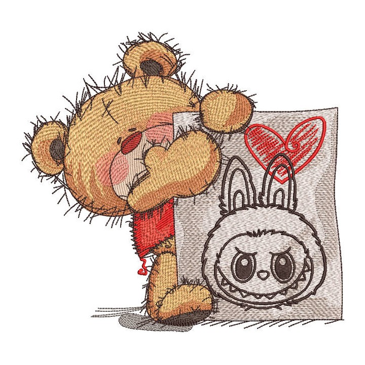Teddy bear love labubu embroidery design - Embroidery Design