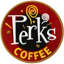 Perks coffee shop logo embroidery design for stitching on apparel and accessories like tote bags and hoodies.