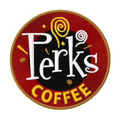 Perks coffee shop logo embroidery design for stitching on apparel and accessories like tote bags and hoodies.