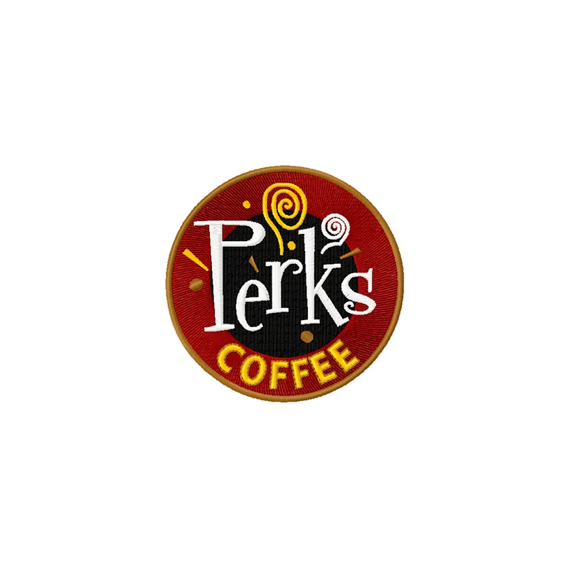 Perks coffee shop logo embroidery design for stitching on apparel and accessories like tote bags and hoodies.