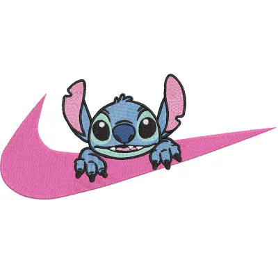 Nike curious Stitch embroidery design showcasing intricate stitching and vibrant colors on a white fabric background.