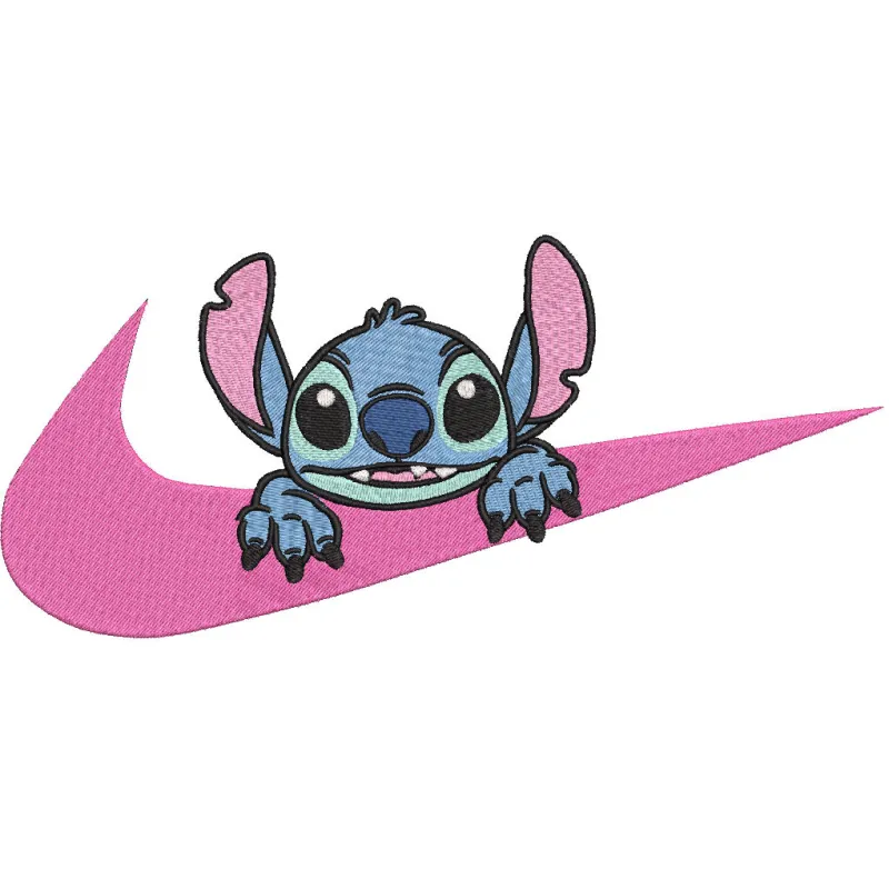 Nike curious Stitch embroidery design showcasing intricate stitching and vibrant colors on a white fabric background.