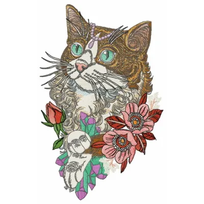 Rich cat embroidery design showcasing a detailed stitched motif of a regal feline, perfect for various fabric projects.