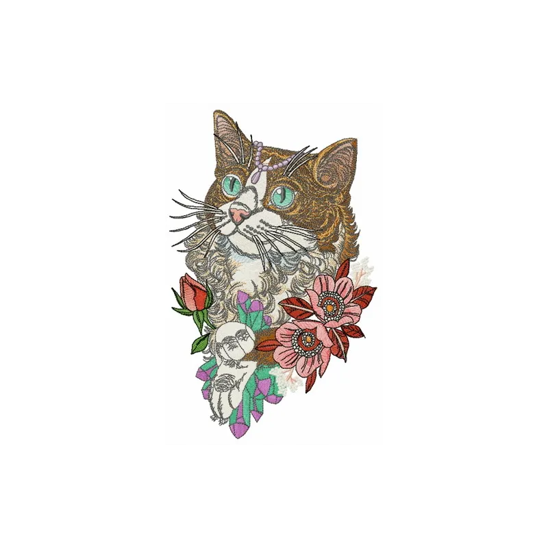 Rich cat embroidery design showcasing a detailed stitched motif of a regal feline, perfect for various fabric projects.