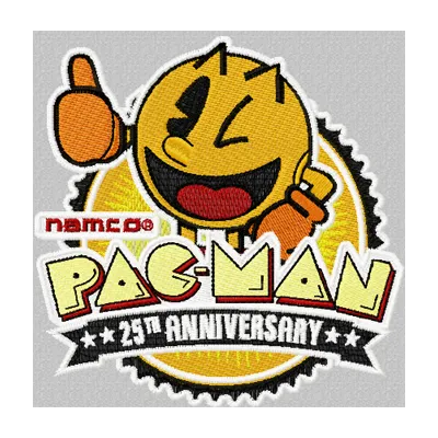 Pac-Man anniversary logo embroidery design preview, showcasing a vibrant and playful stitched motif for creative projects.