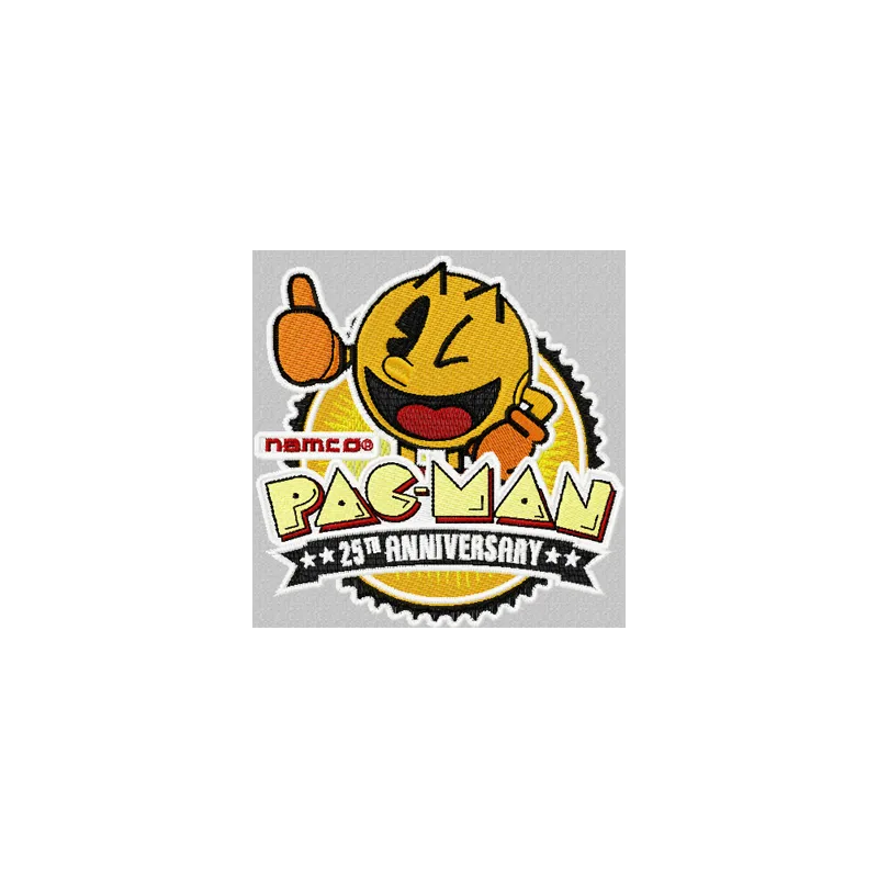 Pac-Man anniversary logo embroidery design preview, showcasing a vibrant and playful stitched motif for creative projects.