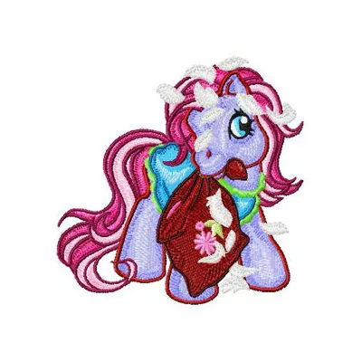 Embroidery design featuring My Little Pony with a cozy pillow, perfect for stitching on children's items.