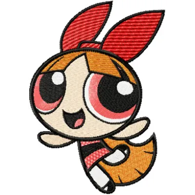 Blossom embroidery design featuring a vibrant character from Powerpuff Girls, ideal for customizing t-shirts and tote bags.