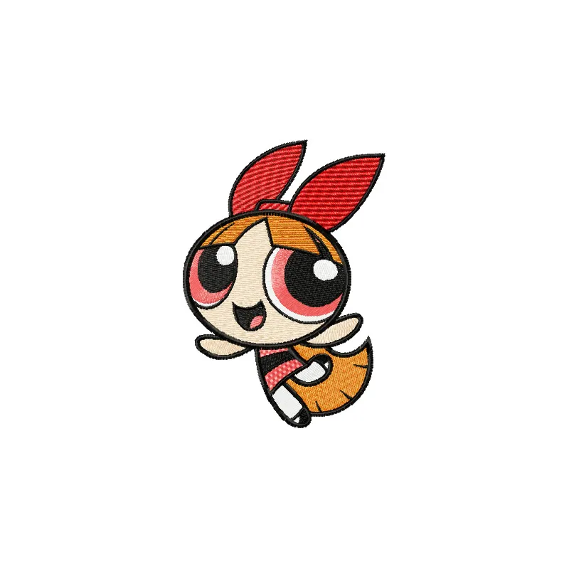 Blossom embroidery design featuring a vibrant character from Powerpuff Girls, ideal for customizing t-shirts and tote bags.