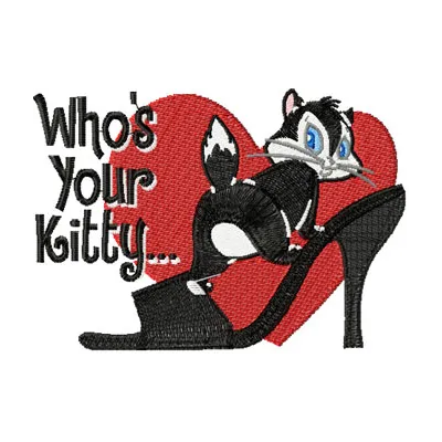 Preview of the 'Pussyfoot - Who's your Kitty' embroidery design featuring a playful cat motif suitable for various projects.