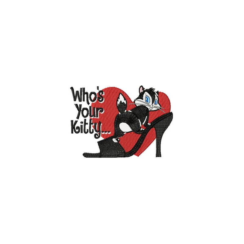 Preview of the 'Pussyfoot - Who's your Kitty' embroidery design featuring a playful cat motif suitable for various projects.
