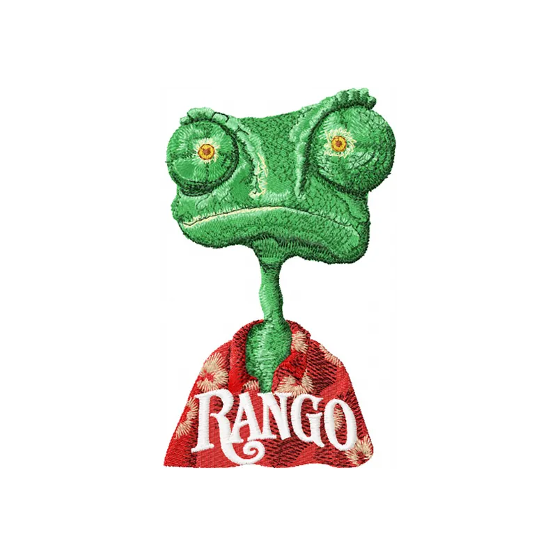 Chameleon Rango embroidery design showcasing a vibrant reptile motif, ideal for stitching on apparel or accessories.