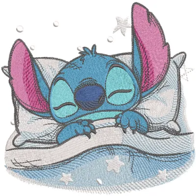 A detailed embroidery design of Sleeping Stitch covered with a cozy blanket, showcasing Lilo and Stitch themes.