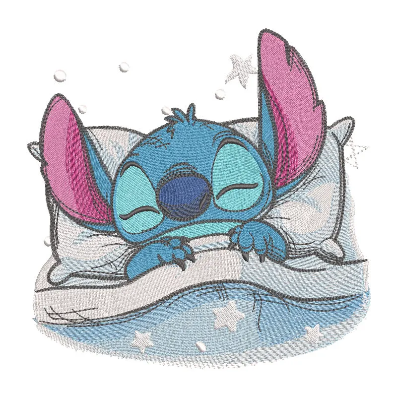 A detailed embroidery design of Sleeping Stitch covered with a cozy blanket, showcasing Lilo and Stitch themes.