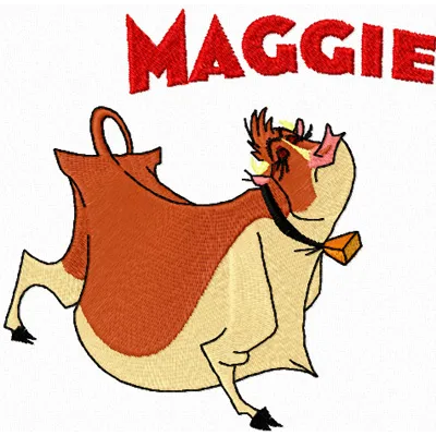 Maggie 3 embroidery design featuring a charming farm animal motif, perfect for embellishing t-shirts and tote bags.