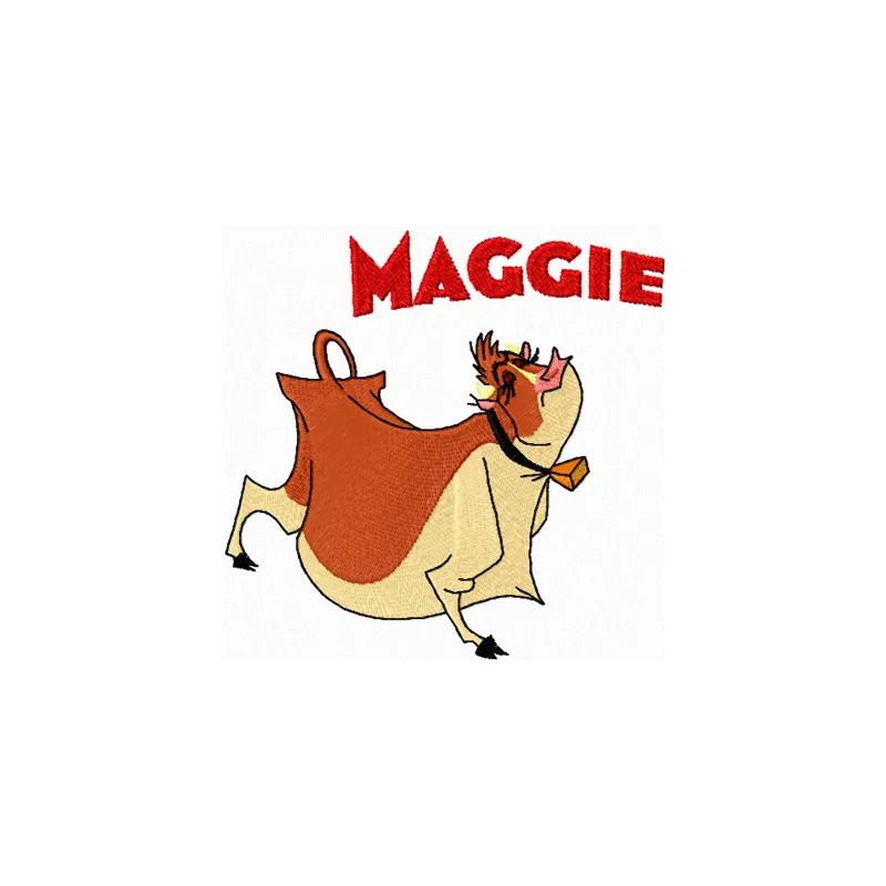 Maggie 3 embroidery design featuring a charming farm animal motif, perfect for embellishing t-shirts and tote bags.