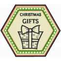 Preview of a Christmas Gifts badge embroidery design featuring festive motifs for holiday stitching projects.