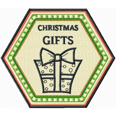 Preview of a Christmas Gifts badge embroidery design featuring festive motifs for holiday stitching projects.