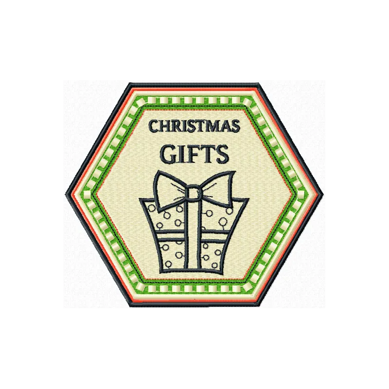 Preview of a Christmas Gifts badge embroidery design featuring festive motifs for holiday stitching projects.