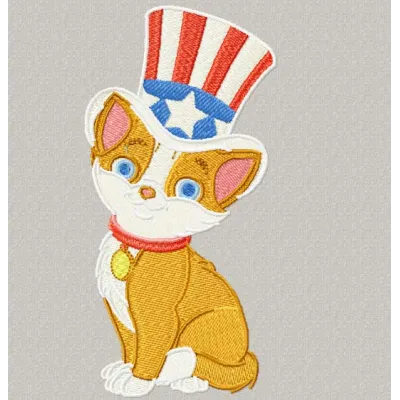 Happy cat embroidery design featuring a festive theme for Independence Day, perfect for stitching on t-shirts or tote bags.