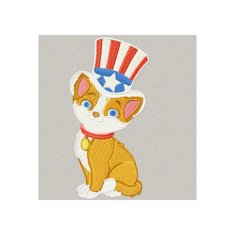 Happy cat embroidery design featuring a festive theme for Independence Day, perfect for stitching on t-shirts or tote bags.