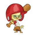 Little chicken with baseball bat embroidery design showcasing a fun farm animal motif for creative stitching projects.