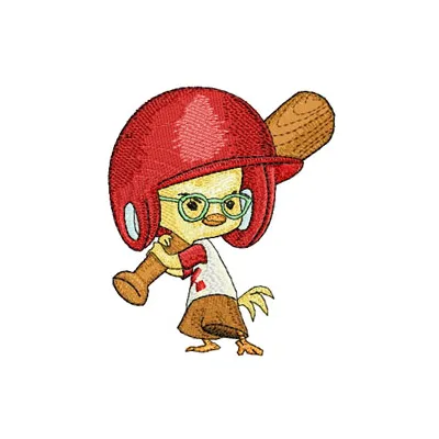 Little chicken with baseball bat embroidery design showcasing a fun farm animal motif for creative stitching projects.