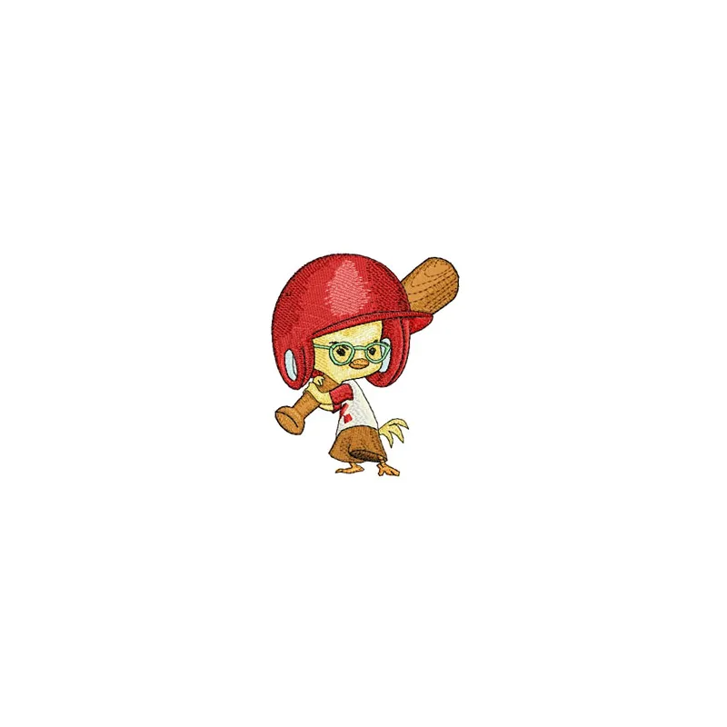 Little chicken with baseball bat embroidery design showcasing a fun farm animal motif for creative stitching projects.