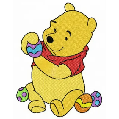 Embroidery design featuring Pooh preparing for Easter, perfect for stitching on t-shirts or baby onesies.