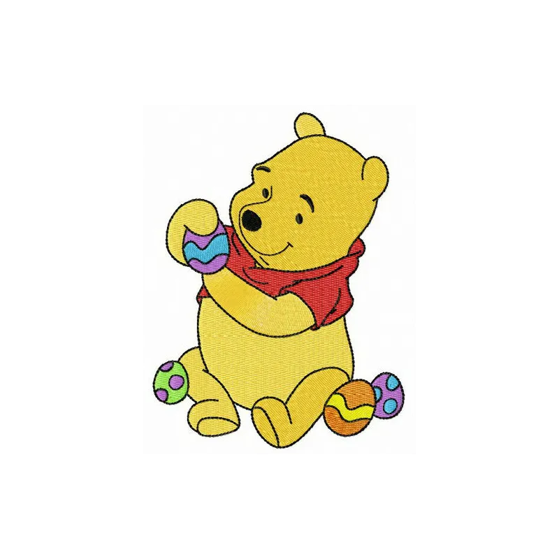 Embroidery design featuring Pooh preparing for Easter, perfect for stitching on t-shirts or baby onesies.